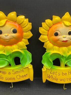 Pair 1973 Miller Studio Chalkware Smiling Sunflower Wall Hooks Vintage Kitsch